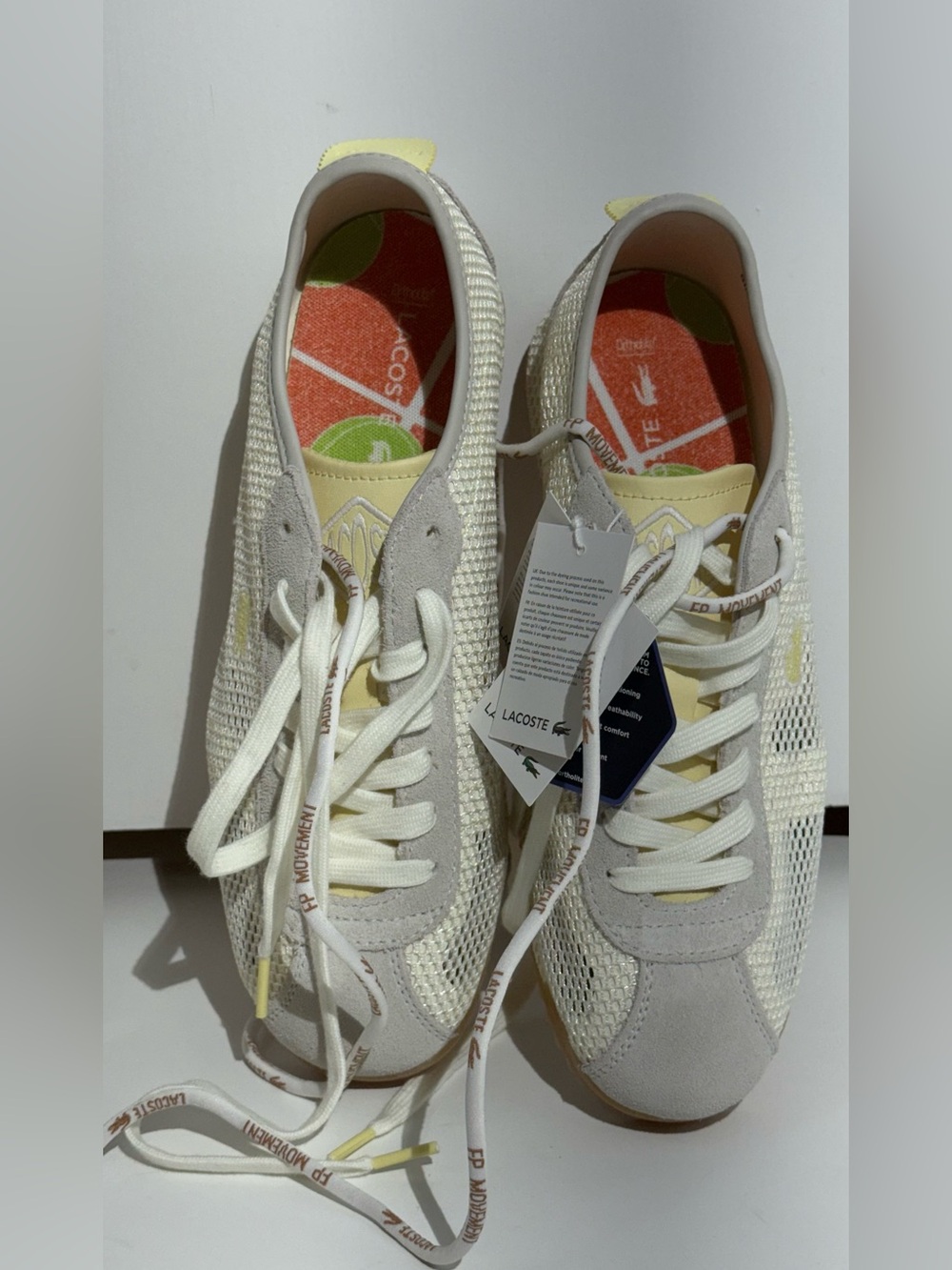 NWT FP Movement Lacoste Women’s Cream & Yellow Mesh Suede Club Low Sneakers - Picture 8 of 16